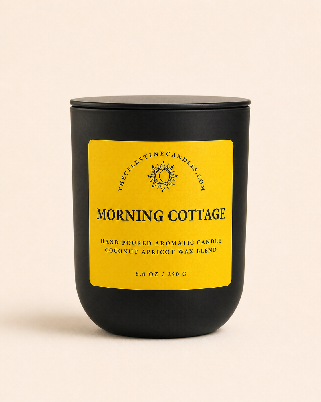 Black candle with a yellow label on a beige background