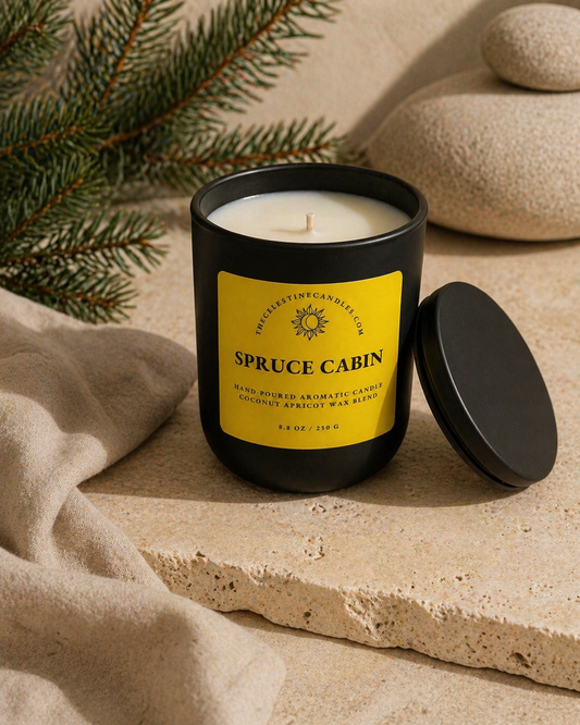 Spruce Cabin coconut apricot wax candle in a premium matte black glass vessel with matching lid.