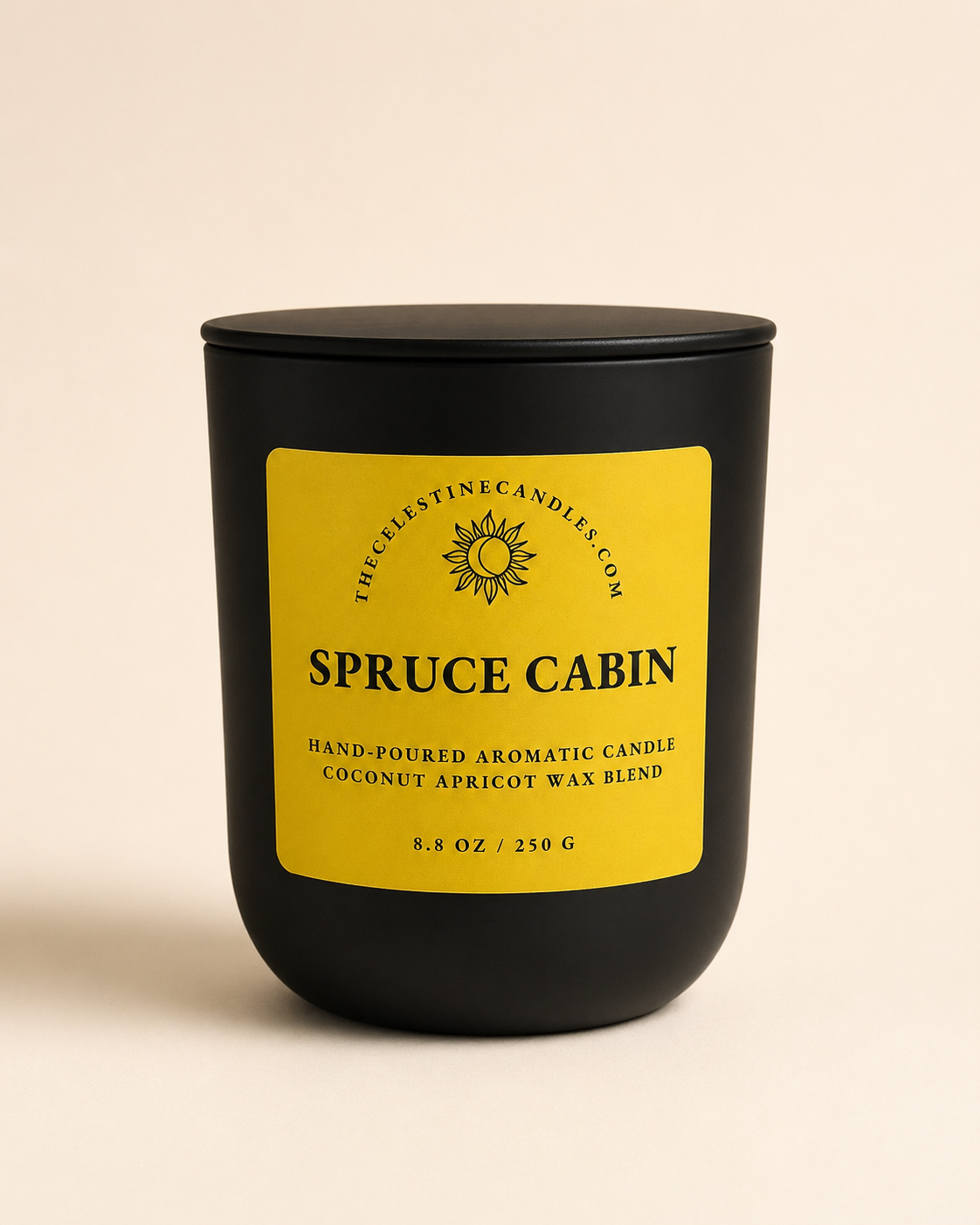 Spruce Cabin coconut apricot wax candle in a premium matte black glass vessel with matching lid.