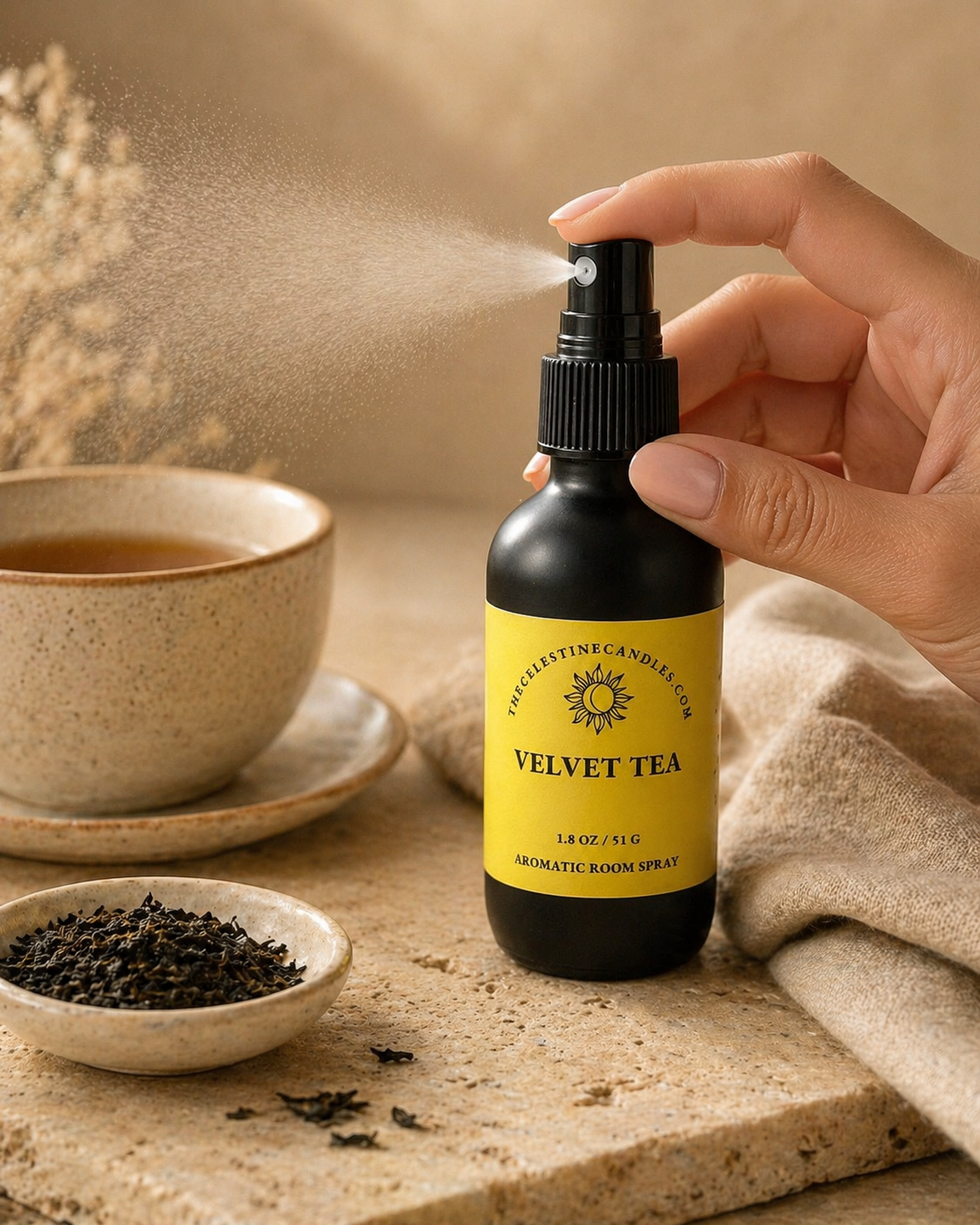 Bottle of 'Velvet Tea' room spray being held over a cup and saucer with tea leaves on a wooden surface.