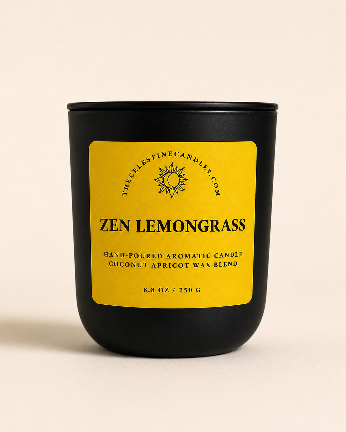 Black candle with a yellow label on a beige background