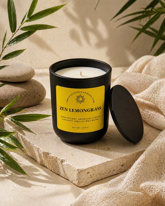 zen lemongrass coconut apricot wax candle in a premium matte black glass vessel with matching lid.