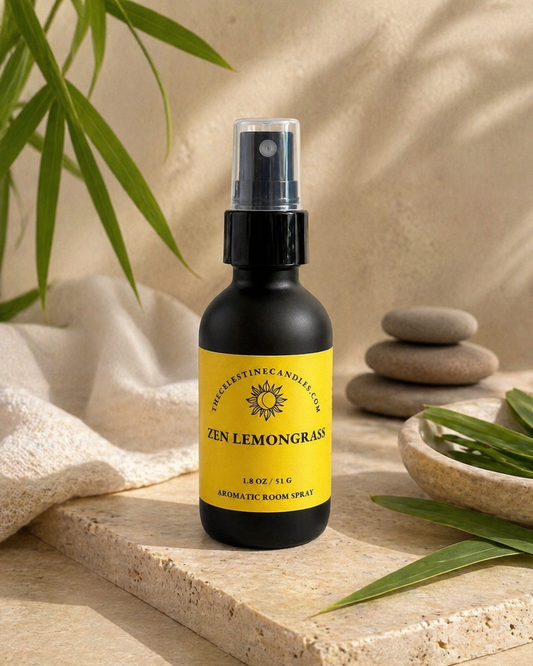 Zen Lemongrass room spray in a premium matte black glass bottle with protective cap.