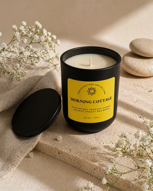 Morning Cottage coconut apricot wax candle in a premium matte black glass vessel with matching lid.