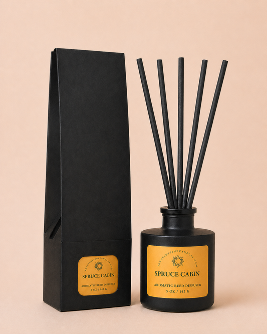 Black diffuser with reeds and packaging on a beige background