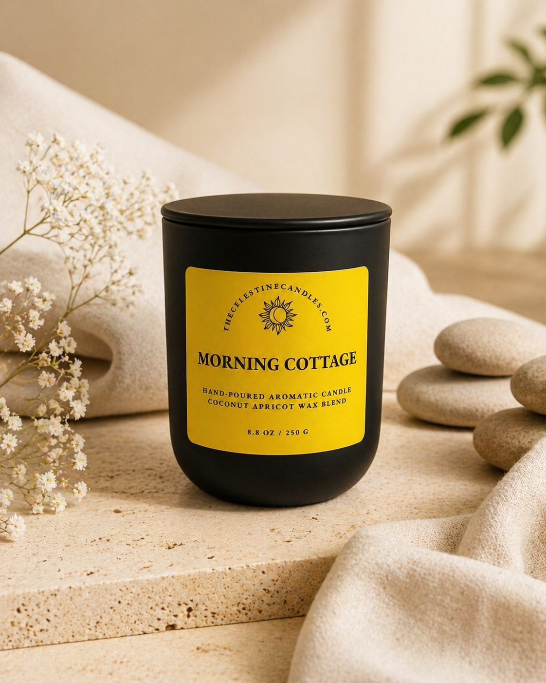 Morning cottage coconut apricot wax candle in a premium matte black glass vessel with matching lid.