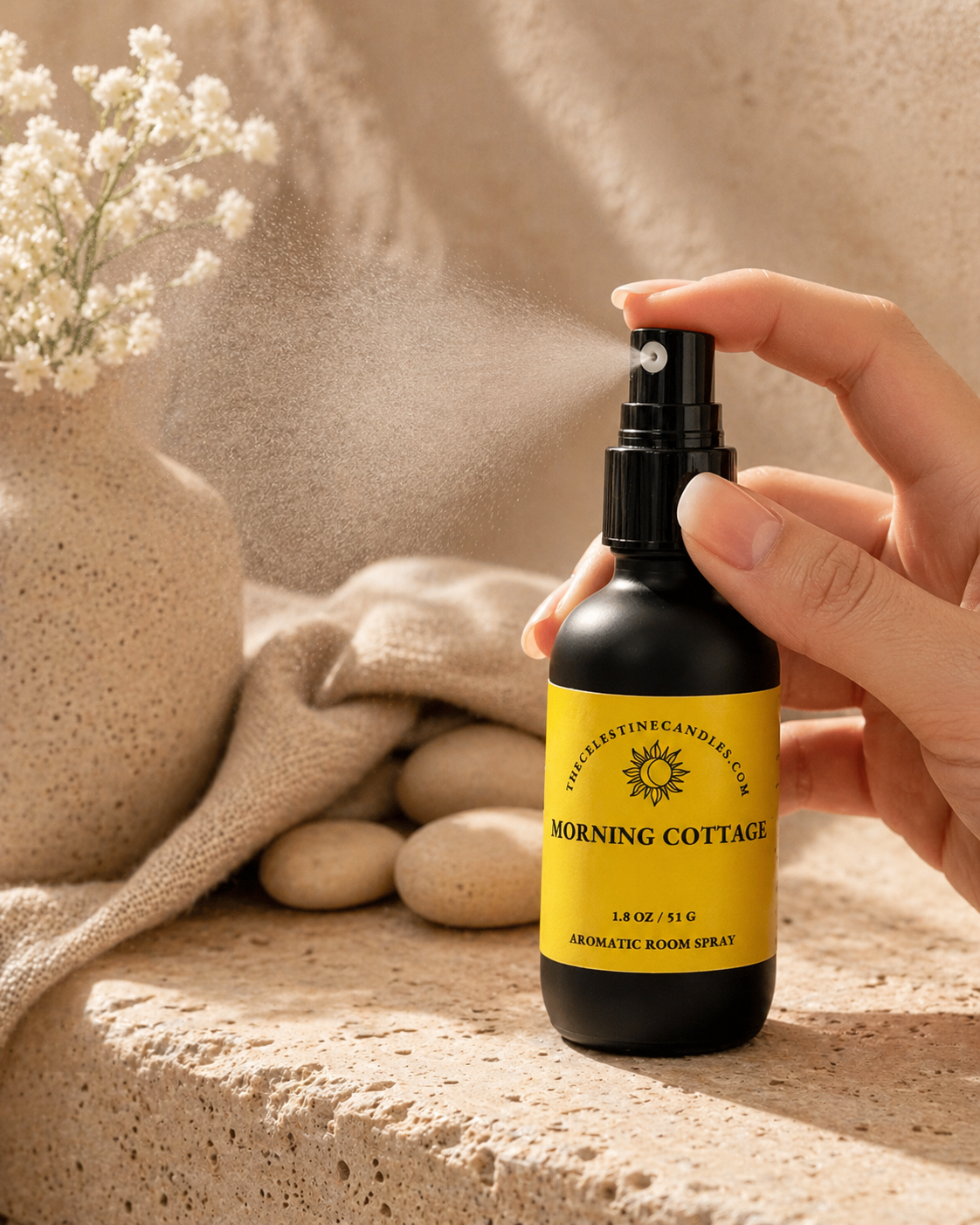 Hand holding a 'Morning Cottage' room spray bottle with a neutral background