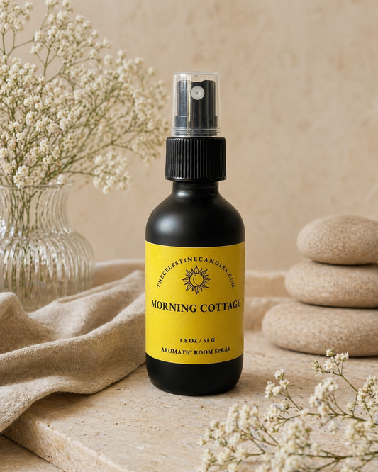 morning cottage room spray in a premium matte black glass bottle with protective cap.