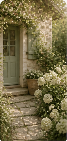 Stone building with a green door and white flowers in a garden