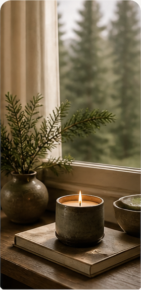 Candle in a rustic container on a wooden surface with a window view of trees
