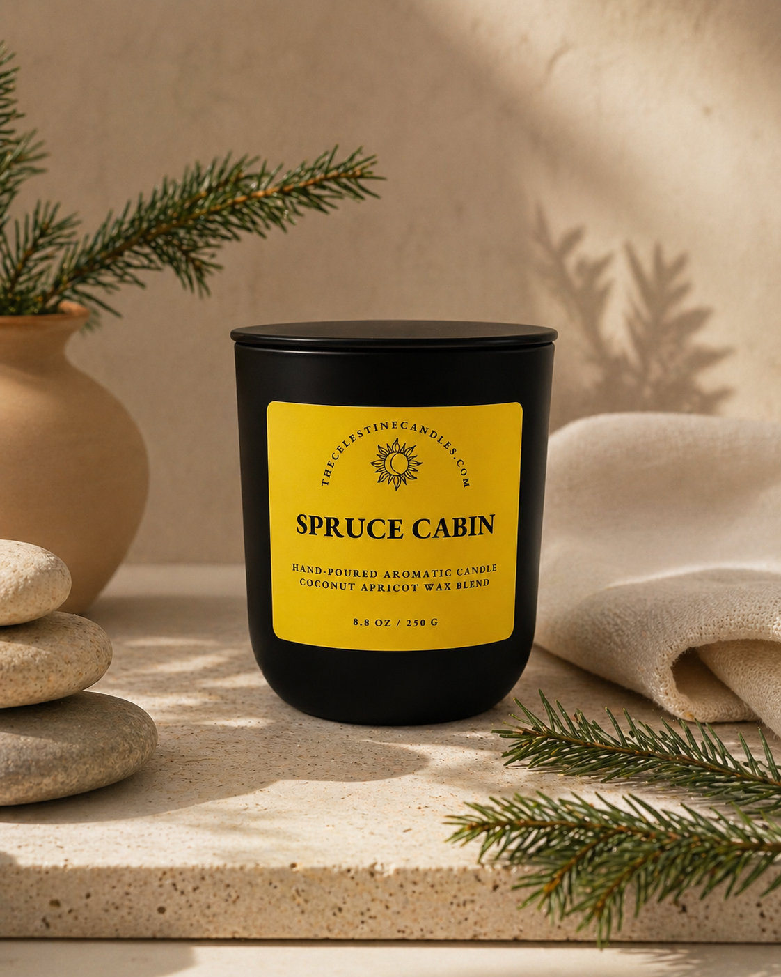 Spruce Cabin coconut apricot wax candle in a premium matte black glass vessel with matching lid.