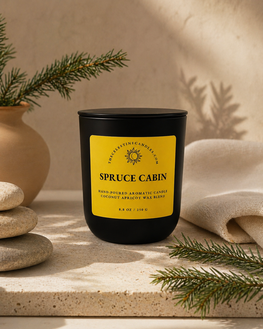 Spruce Cabin coconut apricot wax candle in a premium matte black glass vessel with matching lid.