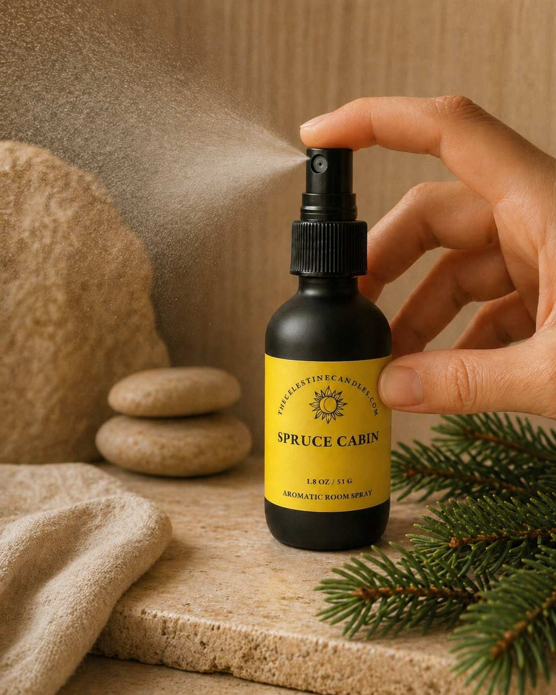 Hand holding a bottle labeled 'Spruce Cabin' with a natural setting including stones and foliage.