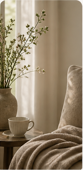 Cozy indoor setting with a vase of flowers, cup, and blanket on a chair.