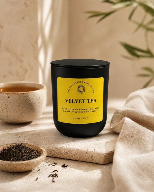 velvet tea coconut apricot wax candle in a premium matte black glass vessel with matching lid.