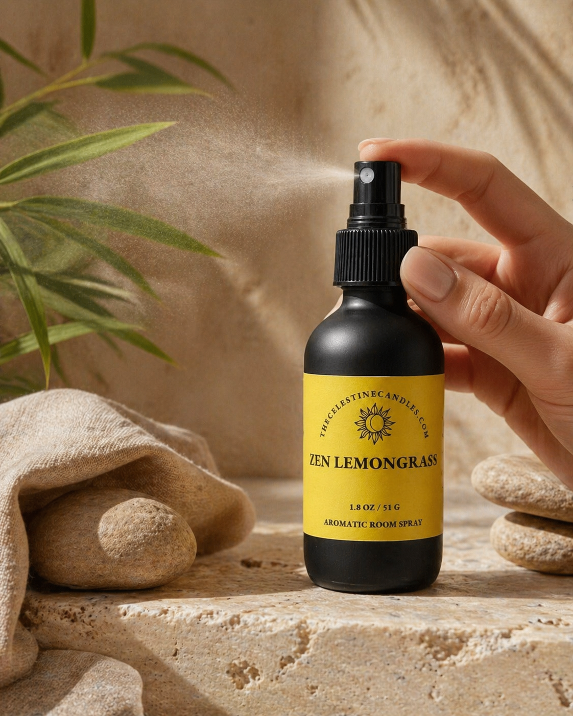 Zen Lemongrass aromatic room spray in a premium matte black glass bottle with protective cap by The Celestine Candles.
