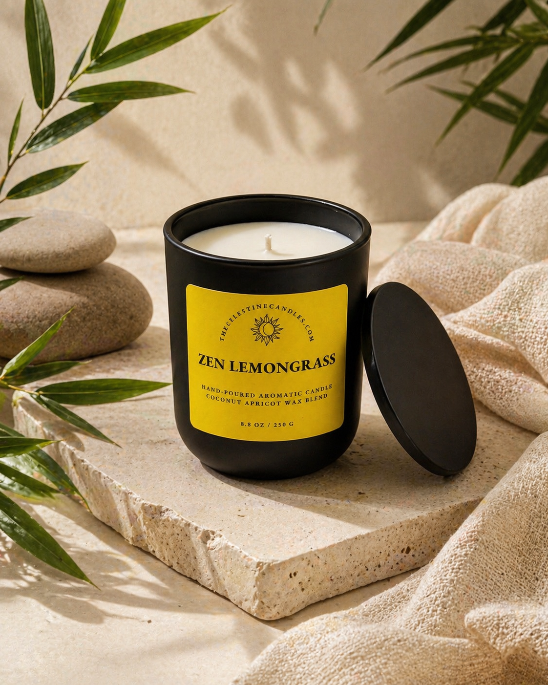 zen lemongrass coconut apricot wax candle in a premium matte black glass vessel with matching lid.