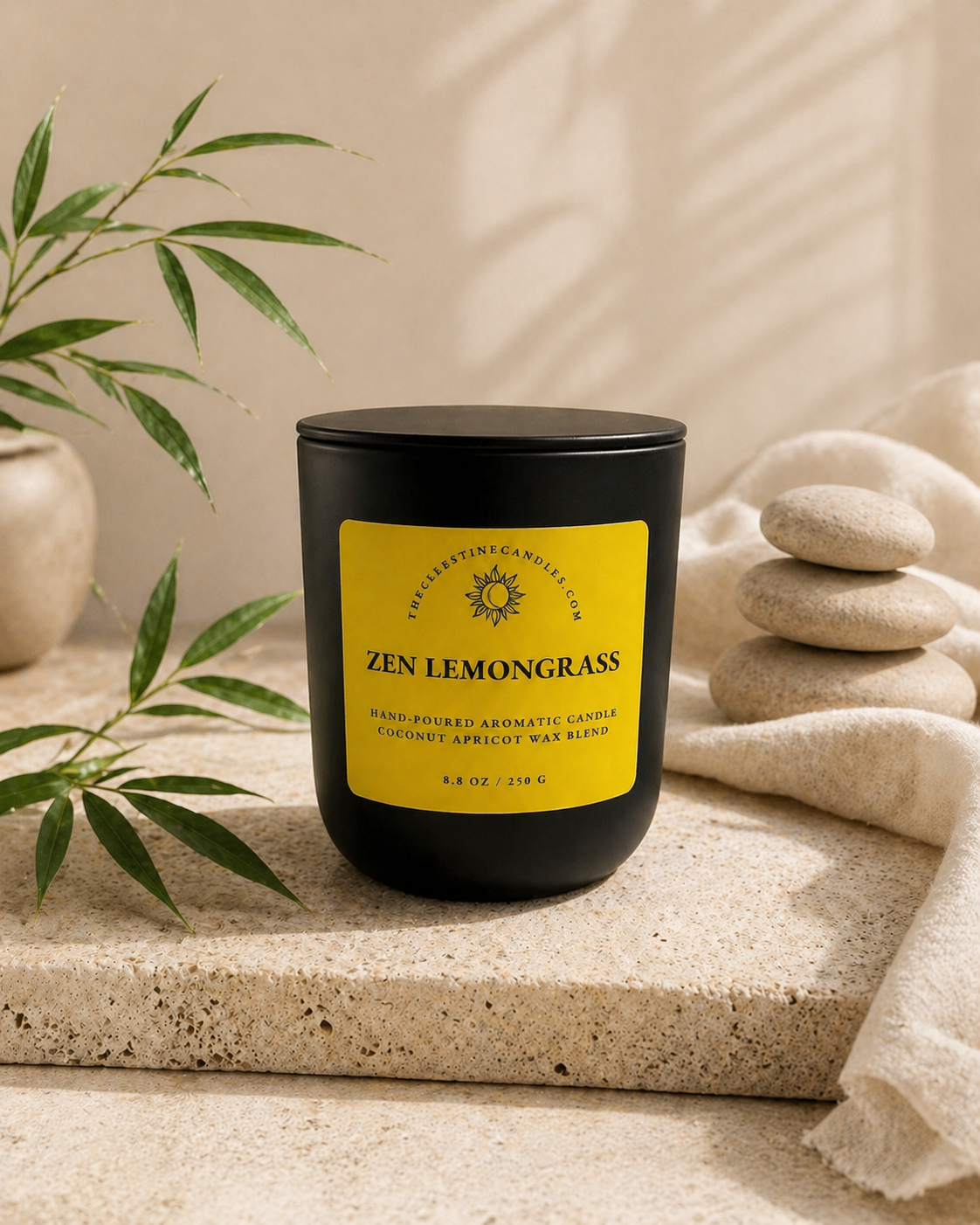 Zen lemongrass coconut apricot wax candle in a premium matte black glass vessel with matching lid.