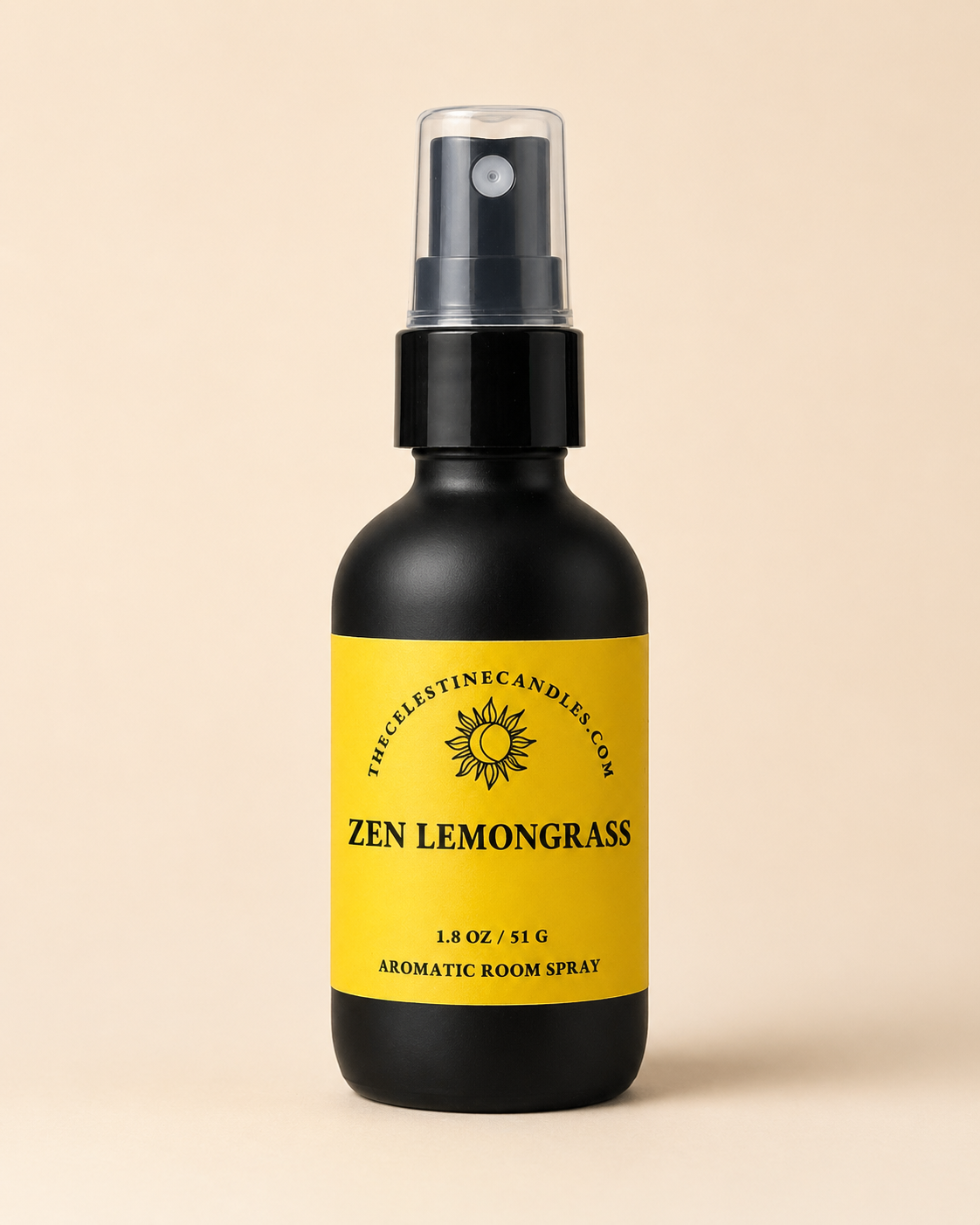 Zen Lemongrass aromatic room spray in a premium matte black glass bottle with protective cap by The Celestine Candles.