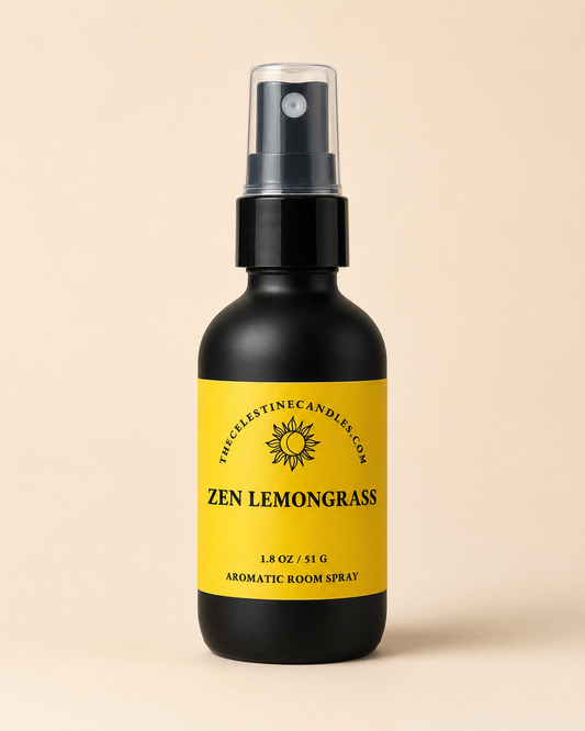 Zen Lemongrass aromatic room spray in a premium matte black glass bottle with protective cap by The Celestine Candles.