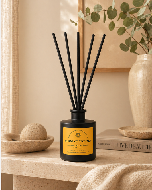 morning cottage Diffuser bottle with black sticks on a surface with decor items in the background