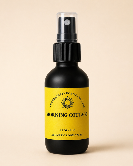 morning cottage room spray in a premium matte black glass bottle with protective cap.