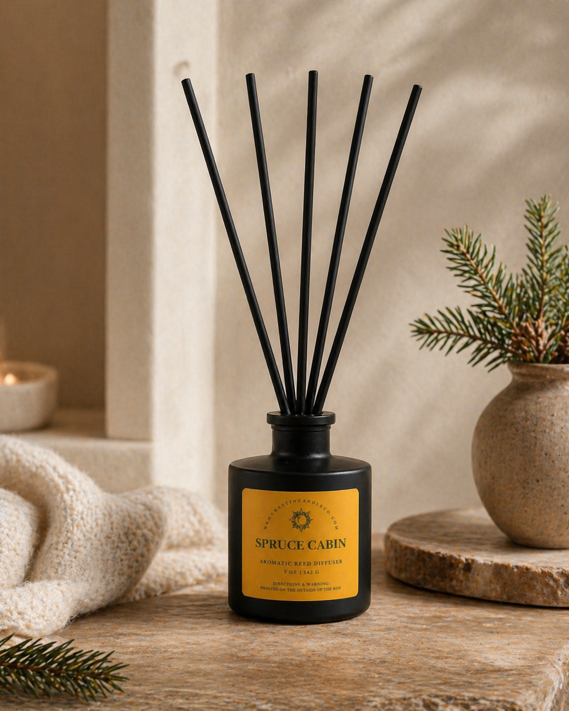 Spruce Cabin reed diffuser in a matte black glass bottle with black reeds, styled with evergreen branches for a cozy home fragrance display.