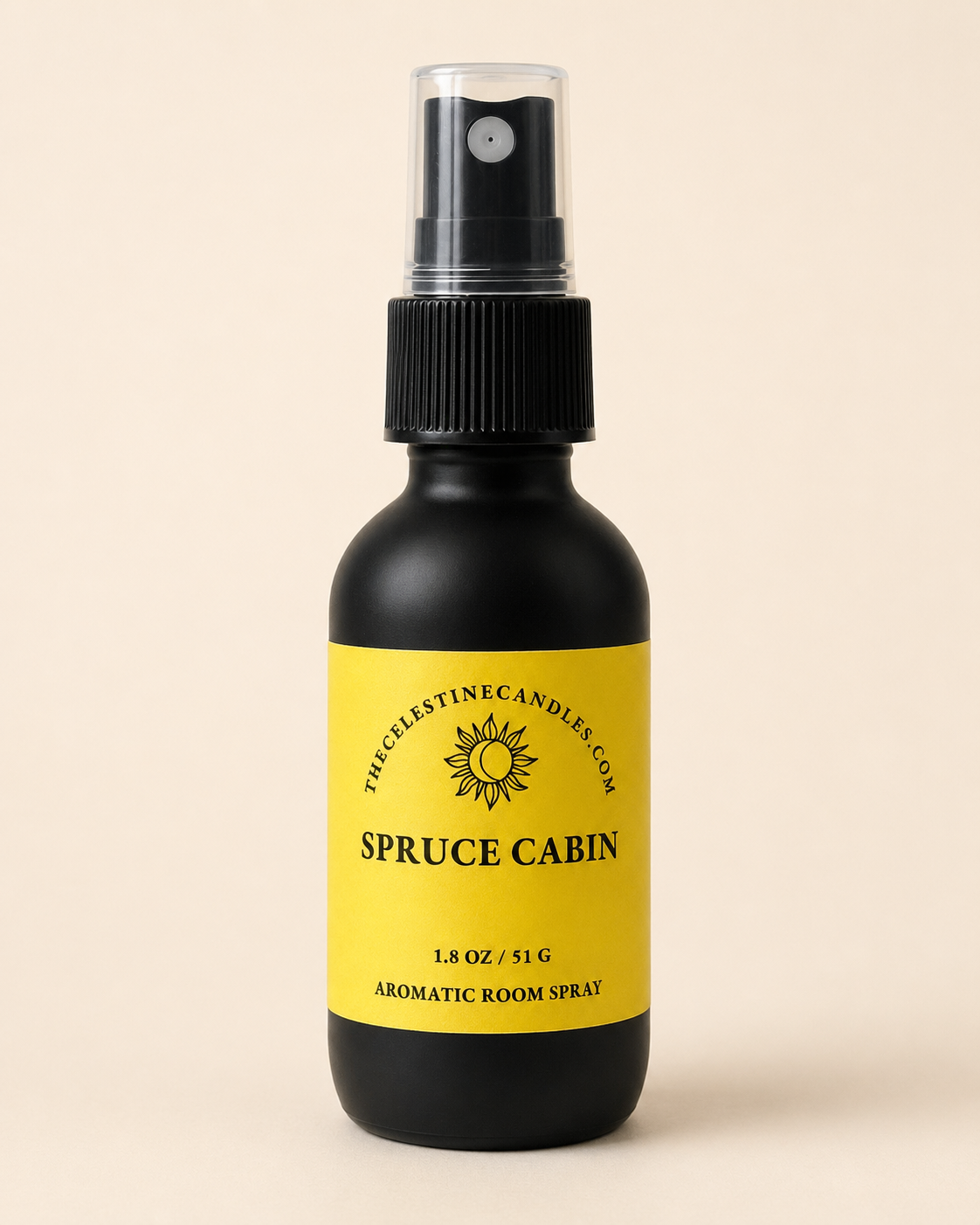 spruce cabin room spray in a premium matte black glass bottle with protective cap.