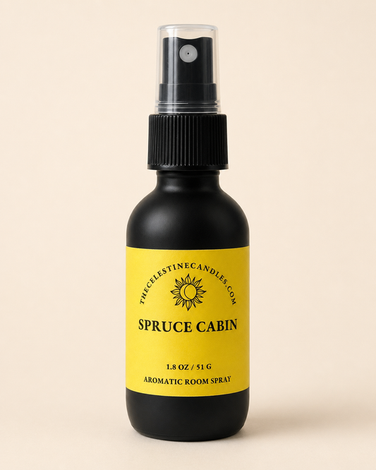 spruce cabin room spray in a premium matte black glass bottle with protective cap.