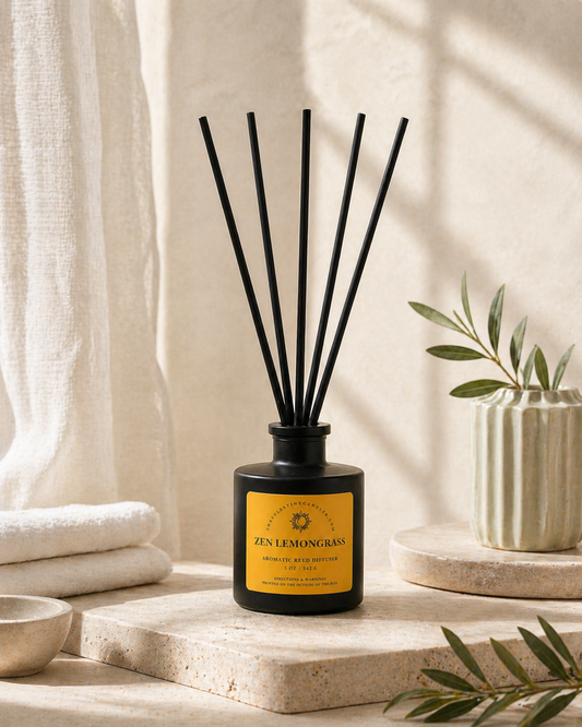 Zen Lemongrass reed diffuser in a matte black glass bottle with black reeds, styled with soft linen and greenery for a spa-inspired home fragrance display.