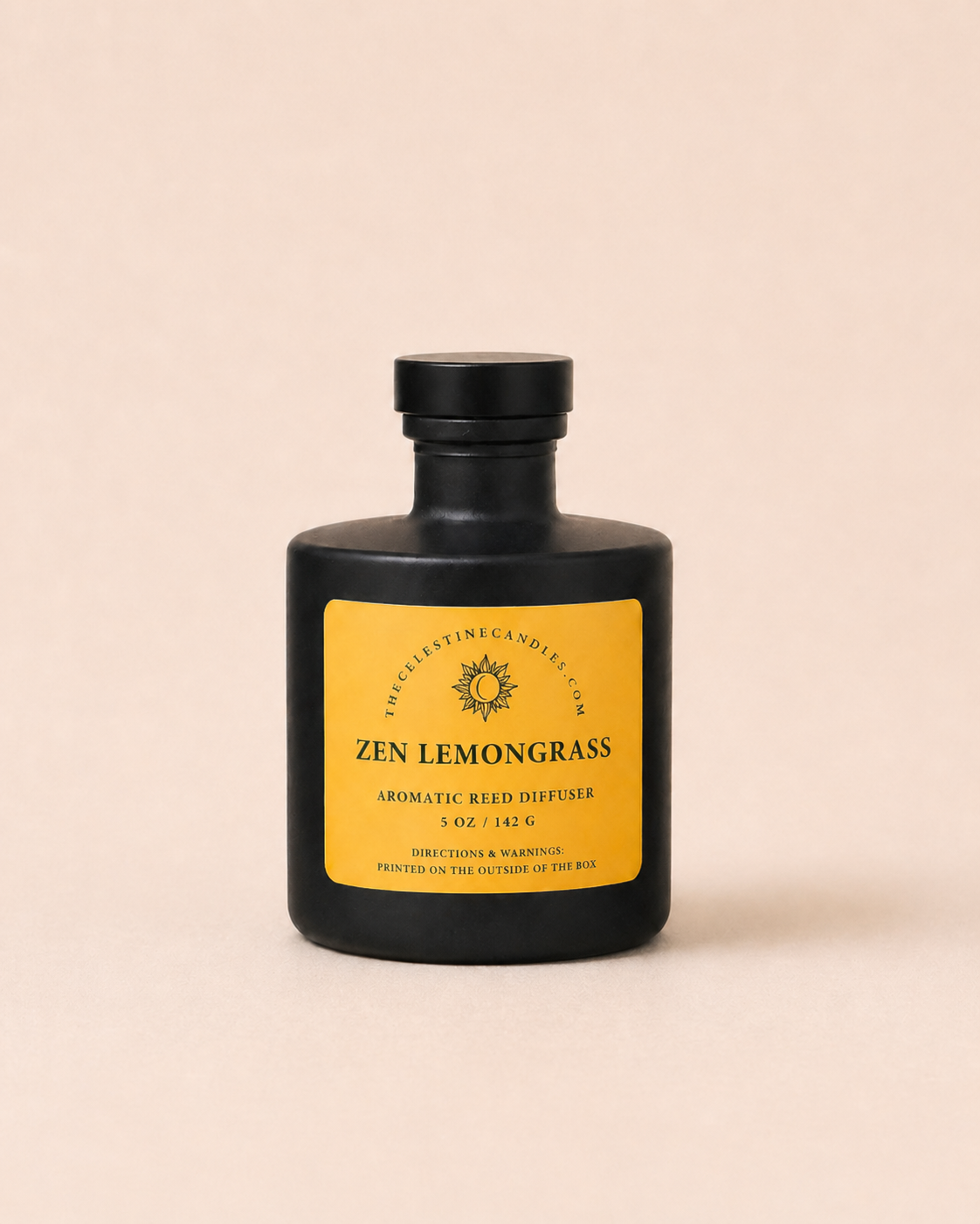 Black bottle of Zen Lemongrass aromatic reed diffuser on a beige background