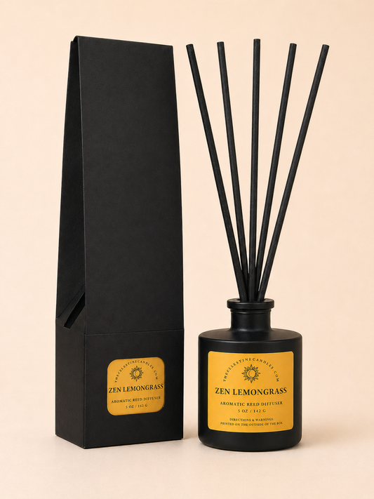Zen Lemongrass diffuser with black sticks and black packaging on a beige background